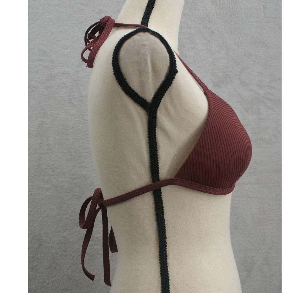 Pink Victoria's Secret Burgundy Ribbed Halter Triangle Bikini Top Size M Maroon